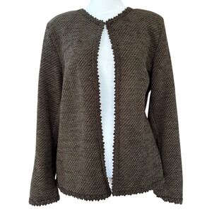 VTG Leslie Fay Dark Olive Open Front Textured Cardigan Women's L Velvet Trim